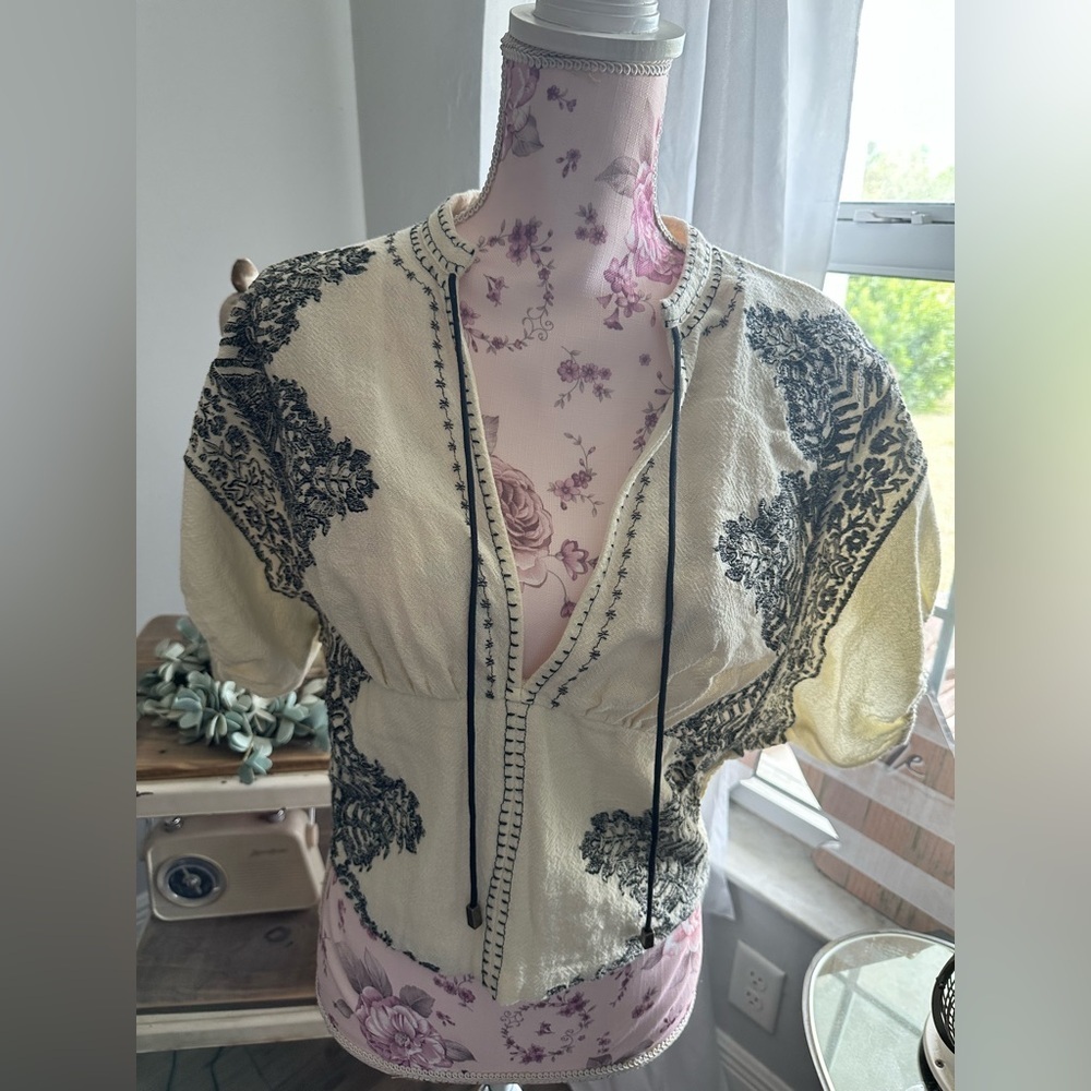 Free People Temecula Cream Top with Black Floral Embroidery - Picture 2 of 4